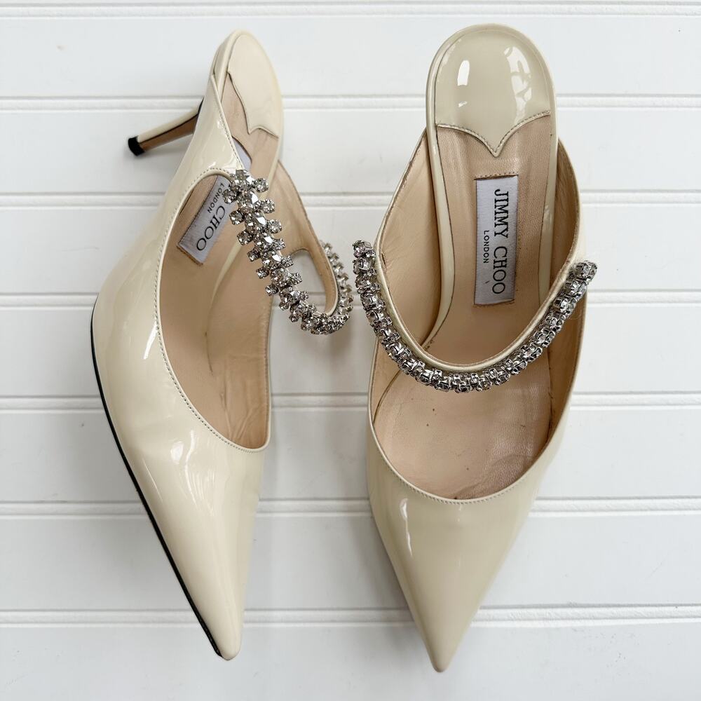 Jimmy Choo Cream Patent Leather Pointed Toe Heels with Crystal Strap